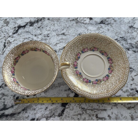 Vintage Rosenthal Bavaria Ivory Germany Floral Footed Tea Cup Saucer Gold Accent - Picture 12 of 12